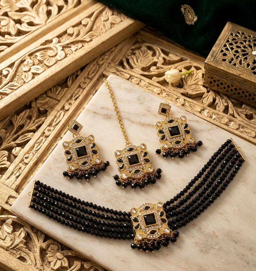 Premium Zircon Choker Set with Matching Earrings & Maang Tikka