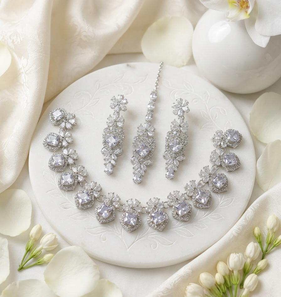 Premium Zircon Necklace Set with Matching Earrings & Maang Tikka