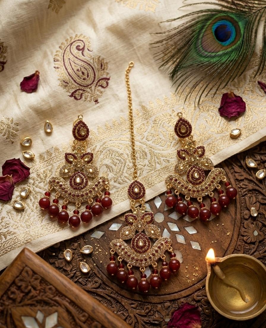 Crystal Moti & Barik Stone Tikka Earrings Set