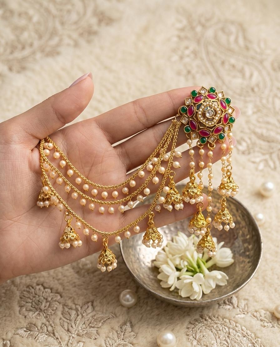 Premium 3-Step Jhumki Earrings with Pearl Saharay