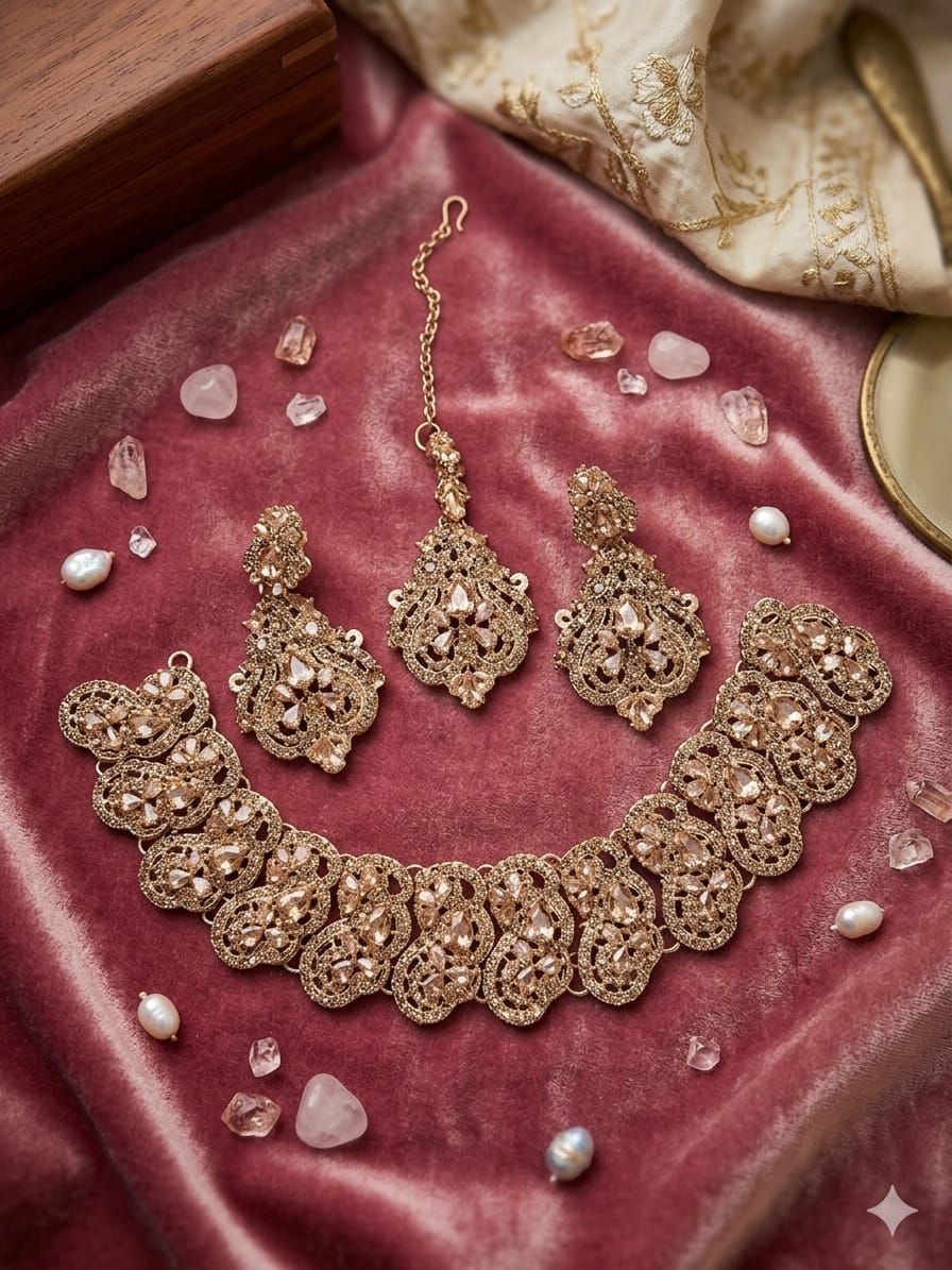 Premium Full Zircon Gold & Silver Necklace Set with Maang Tikka & Earrings