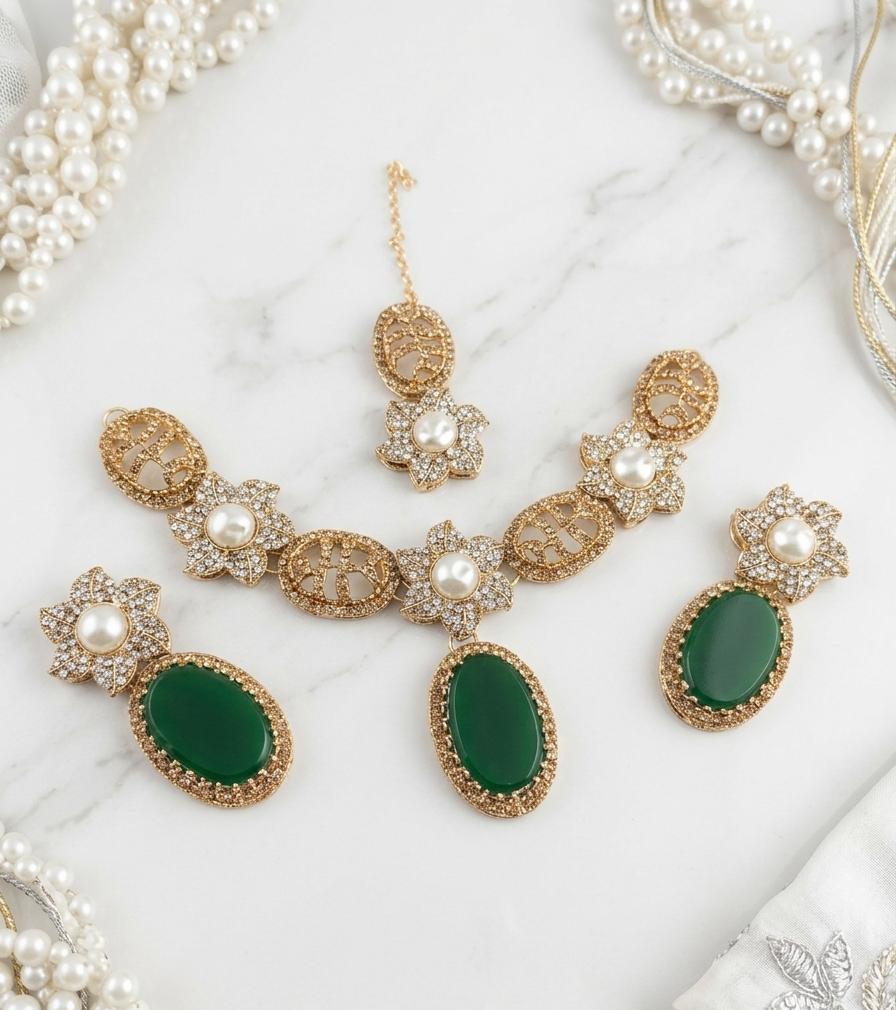 Premium Floral Pearl & Oval Stone Jewelry Set