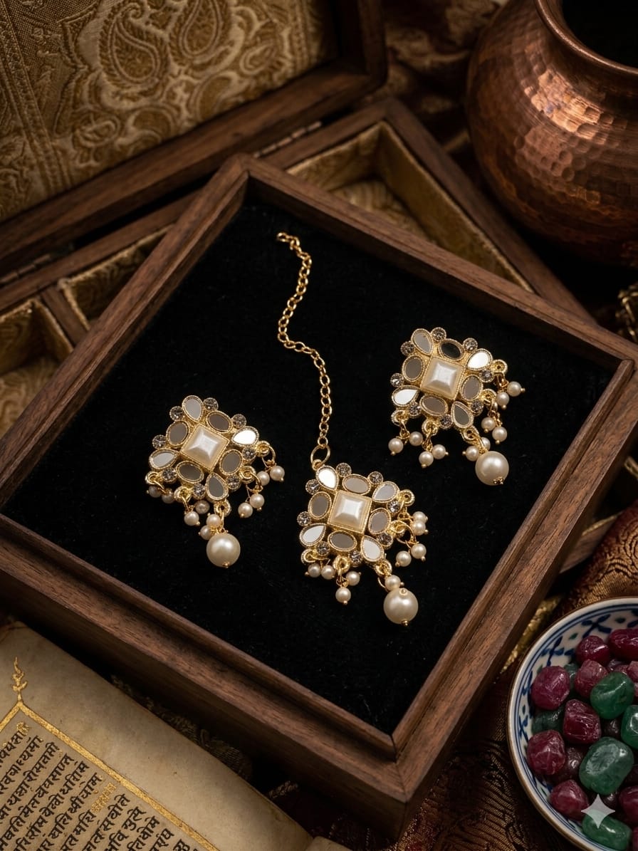 Premium Crystal Pearl & Fine Stone Tikka Earrings Set
