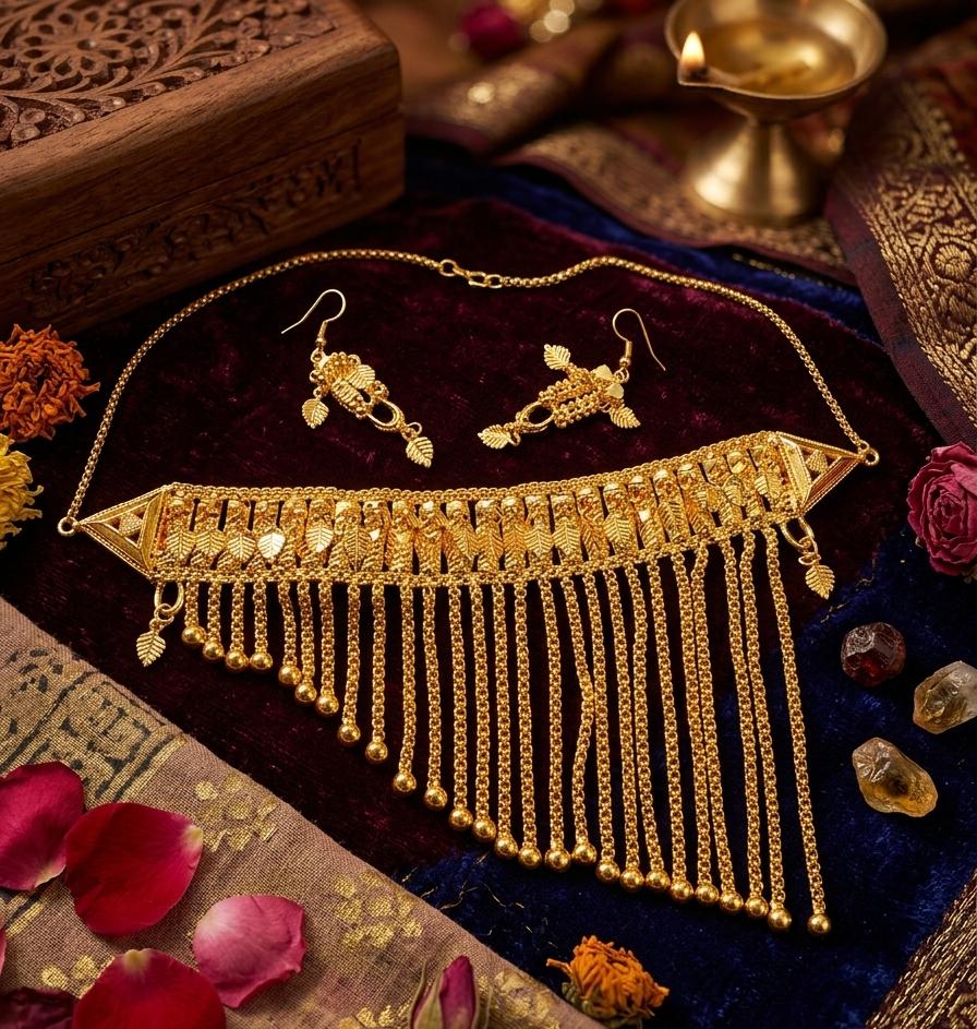 Luxury Gold Fringe Choker Set with Matching Earrings