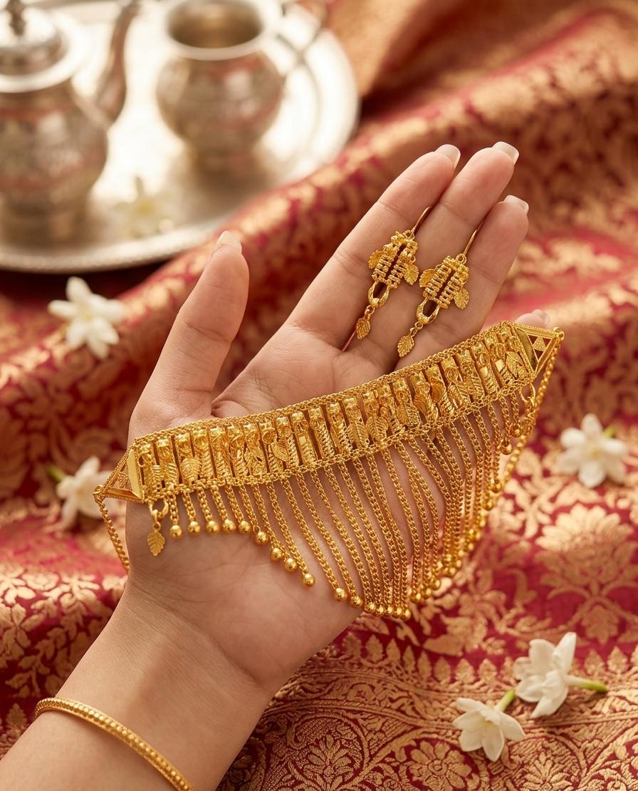 Luxury Gold Fringe Choker Set with Matching Earrings