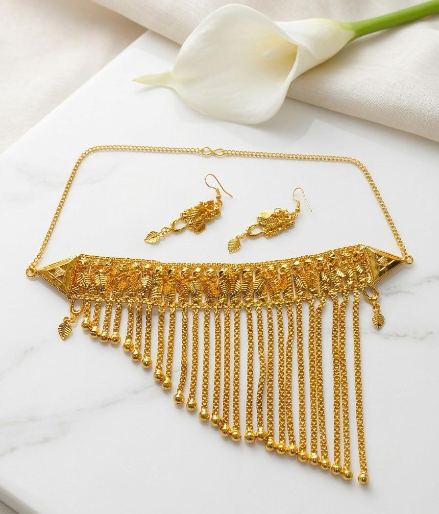 Luxury Gold Fringe Choker Set with Matching Earrings