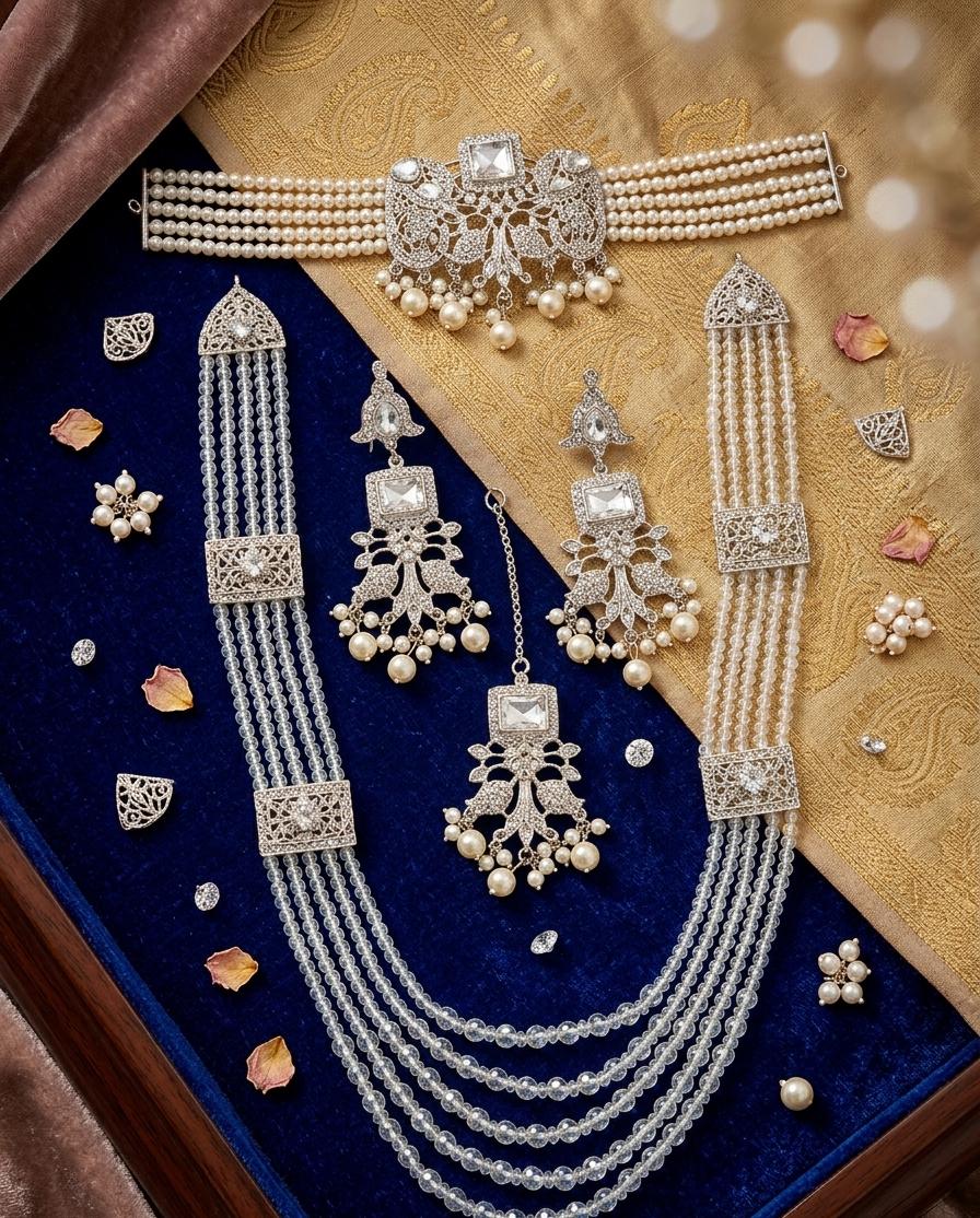 Premium Silver Polish Choker Set with Crystal Mala | Dear Lady