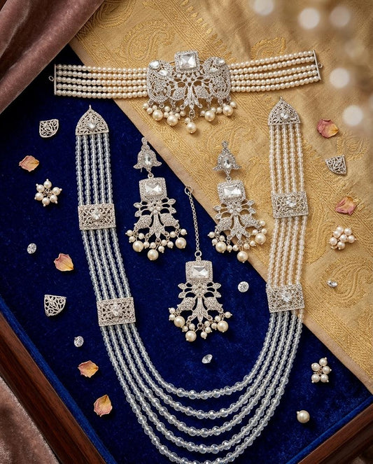 Premium Silver Polish Choker Set with Crystal Mala | Dear Lady