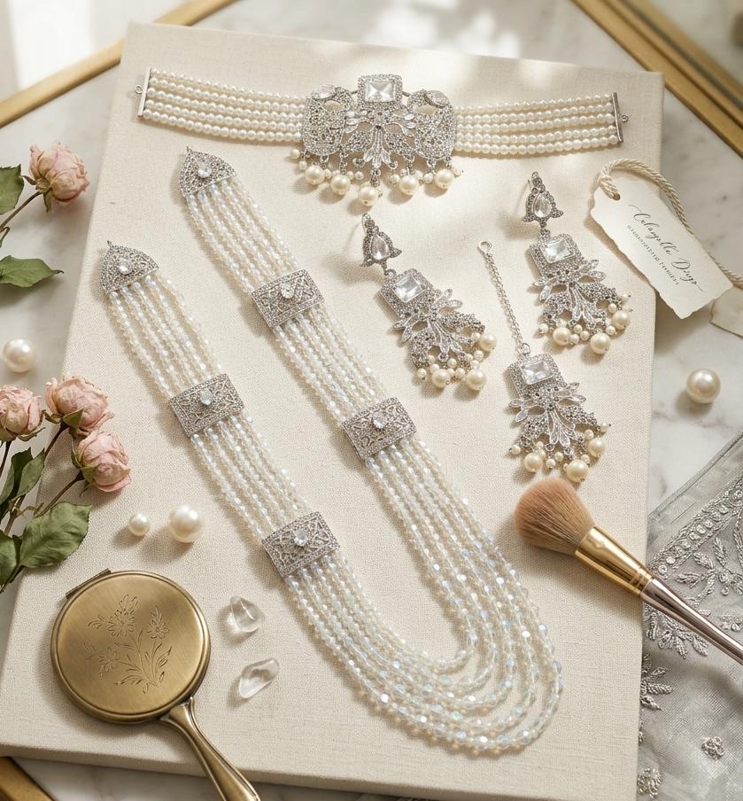 Premium Silver Polish Choker Set with Crystal Mala | Dear Lady