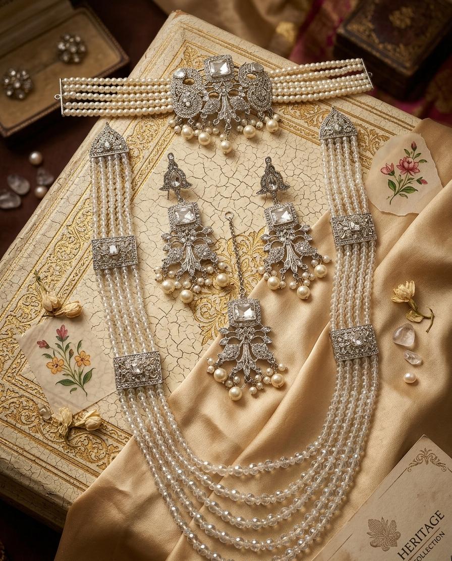 Premium Silver Polish Choker Set with Crystal Mala | Dear Lady