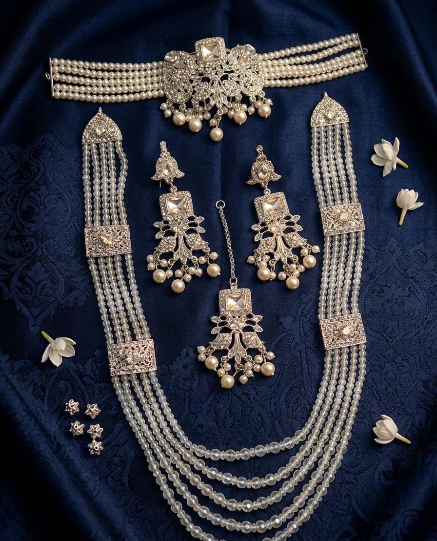 Premium Silver Polish Choker Set with Crystal Mala | Dear Lady