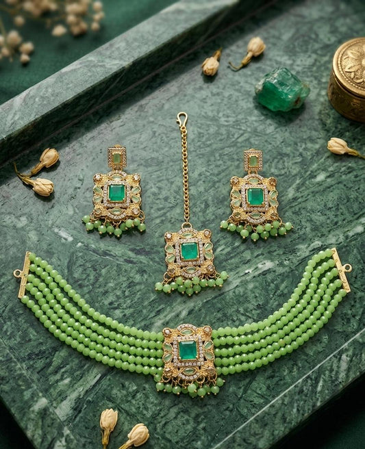 Premium Zircon Choker Set with Matching Earrings & Maang Tikka