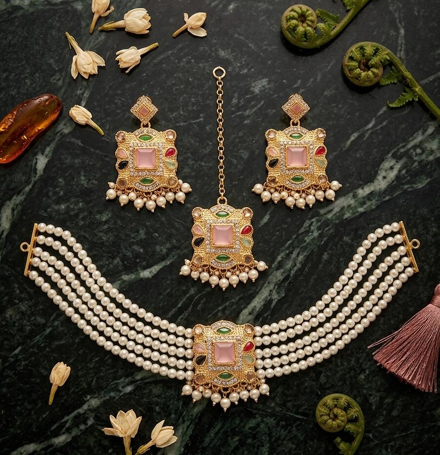 Premium Zircon Choker Set with Matching Earrings & Maang Tikka