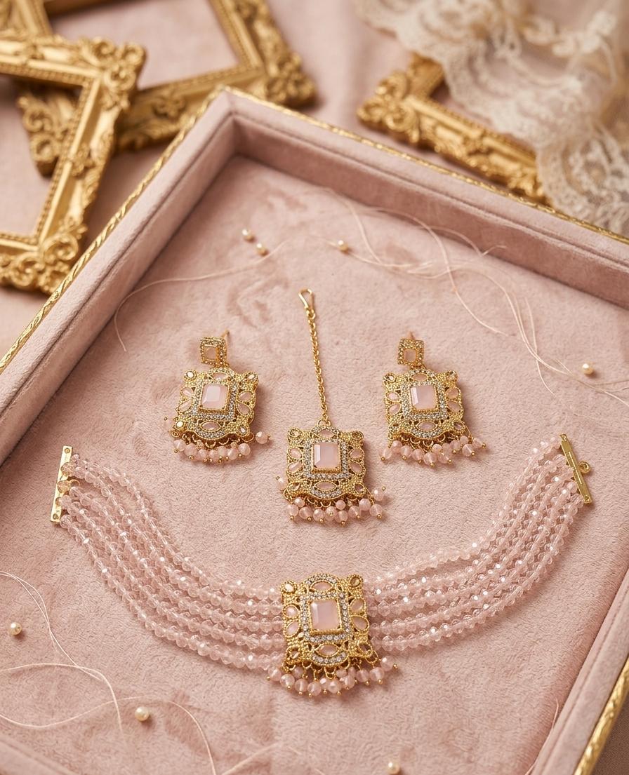 Premium Zircon Choker Set with Matching Earrings & Maang Tikka