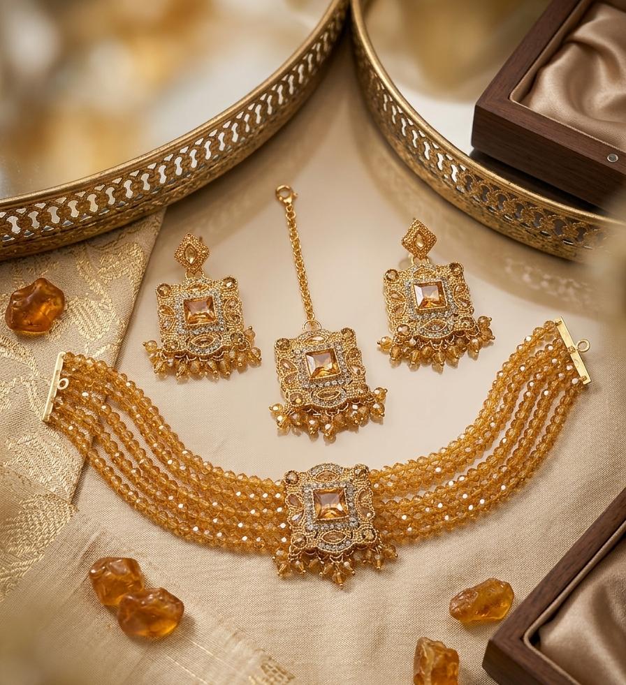 Premium Zircon Choker Set with Matching Earrings & Maang Tikka