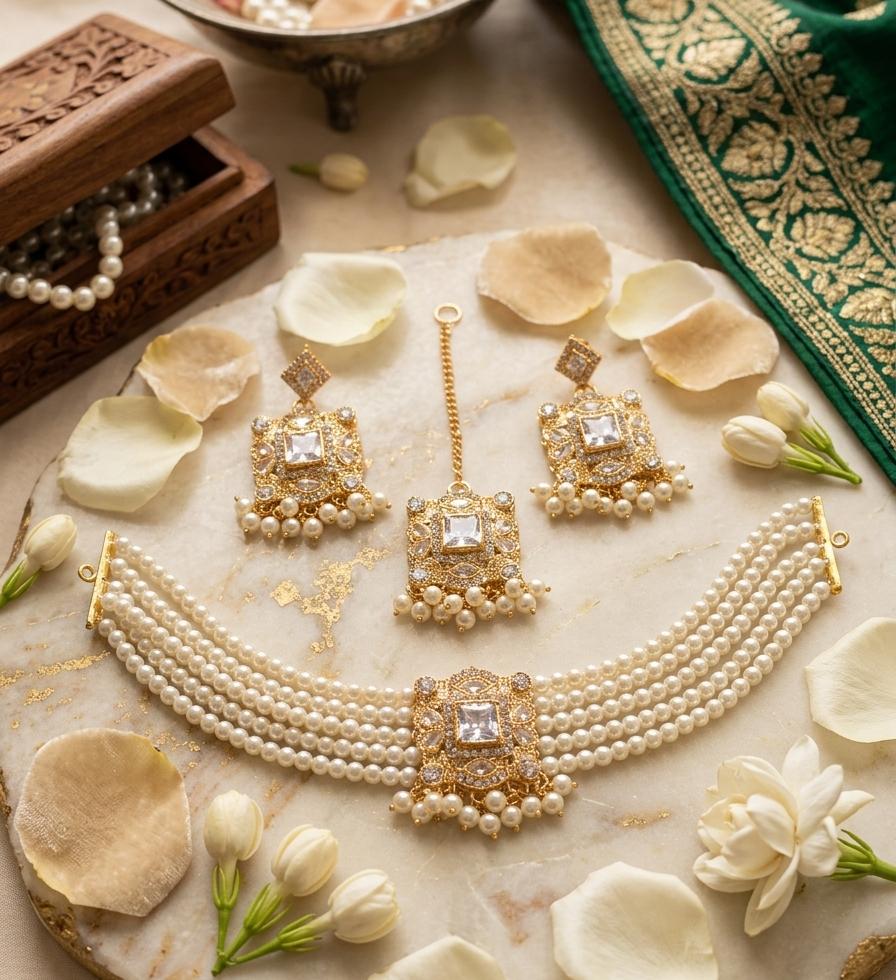 Premium Zircon Choker Set with Matching Earrings & Maang Tikka