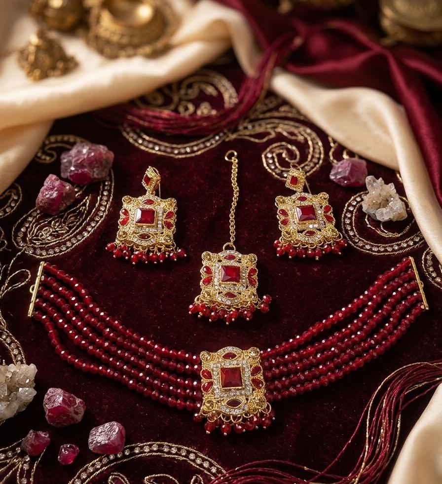 Premium Zircon Choker Set with Matching Earrings & Maang Tikka