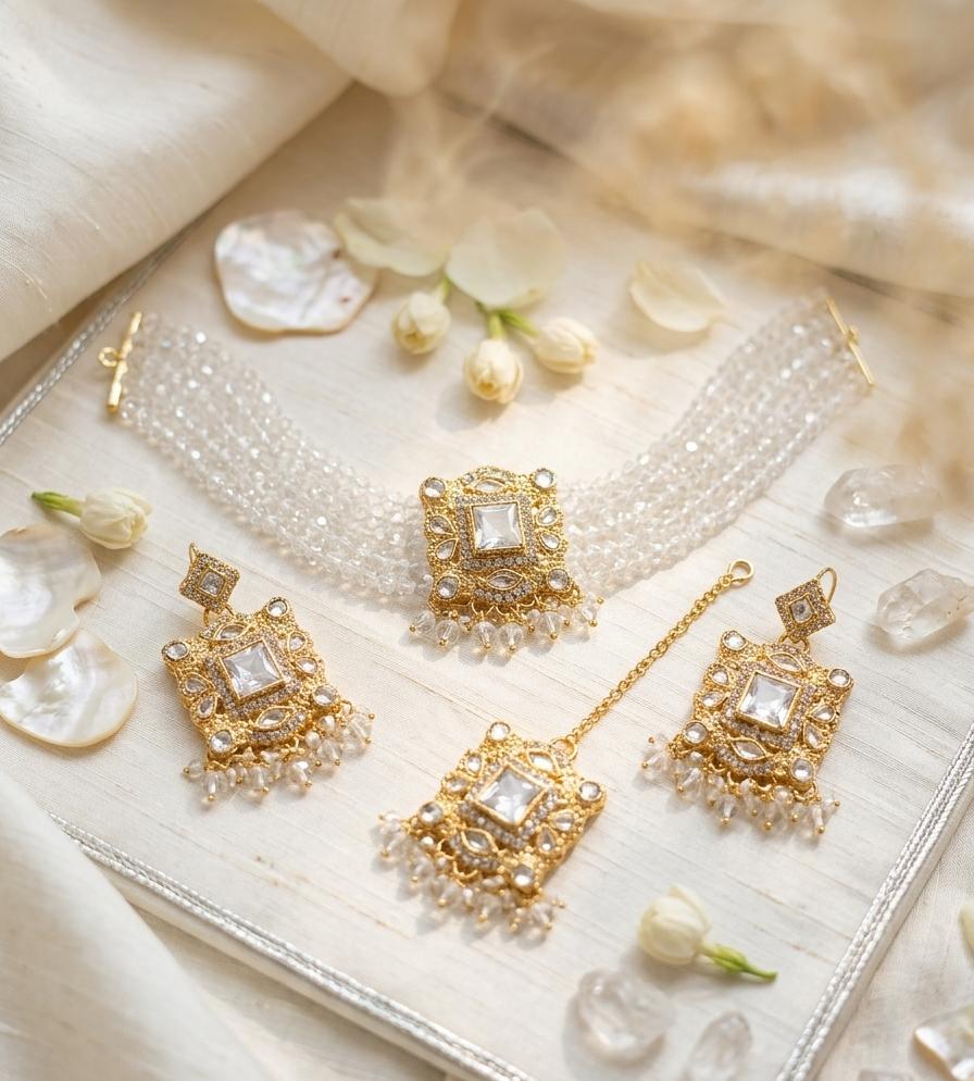 Premium Zircon Choker Set with Matching Earrings & Maang Tikka