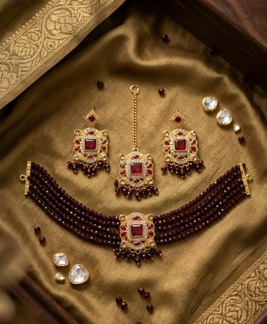Premium Zircon Choker Set with Matching Earrings & Maang Tikka