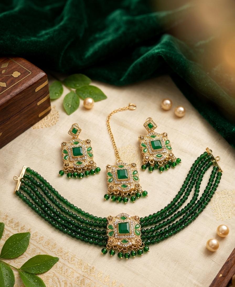 Premium Zircon Choker Set with Matching Earrings & Maang Tikka