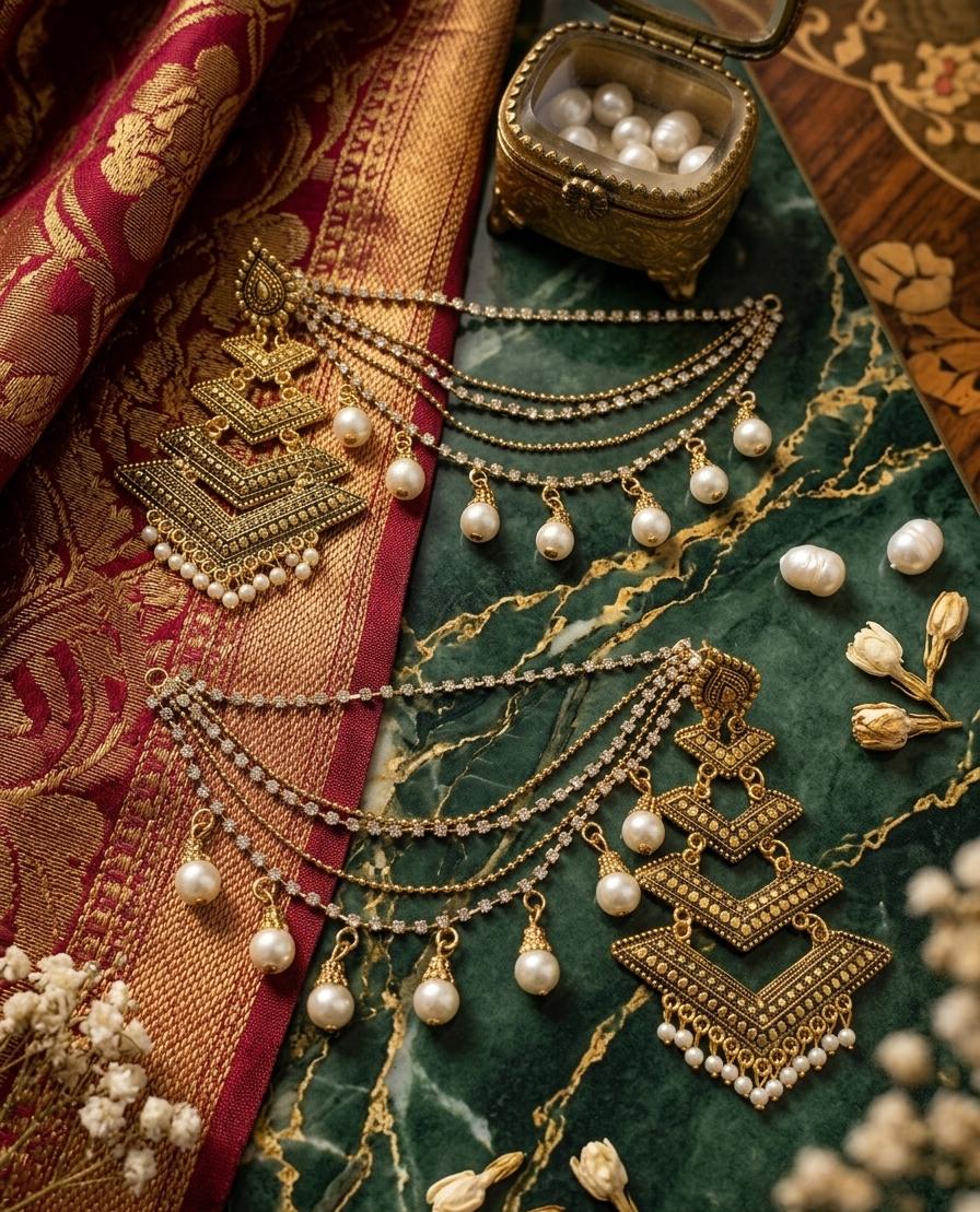 Premium Antique Saharay with Indian Antique Pearl Earrings