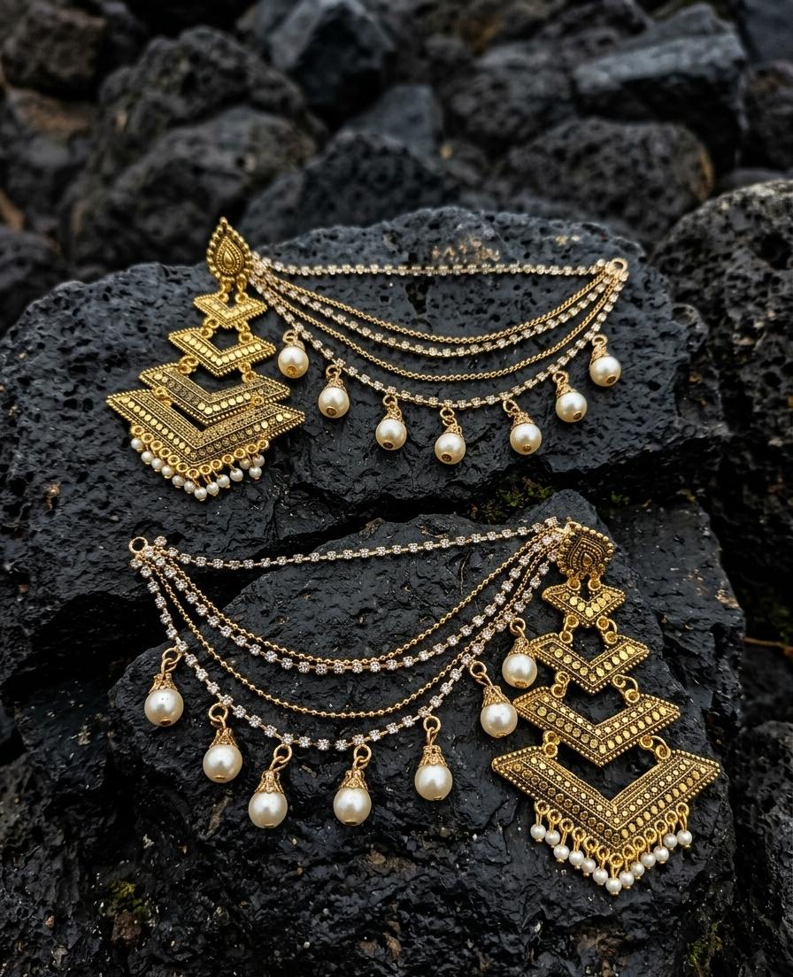 Premium Antique Saharay with Indian Antique Pearl Earrings