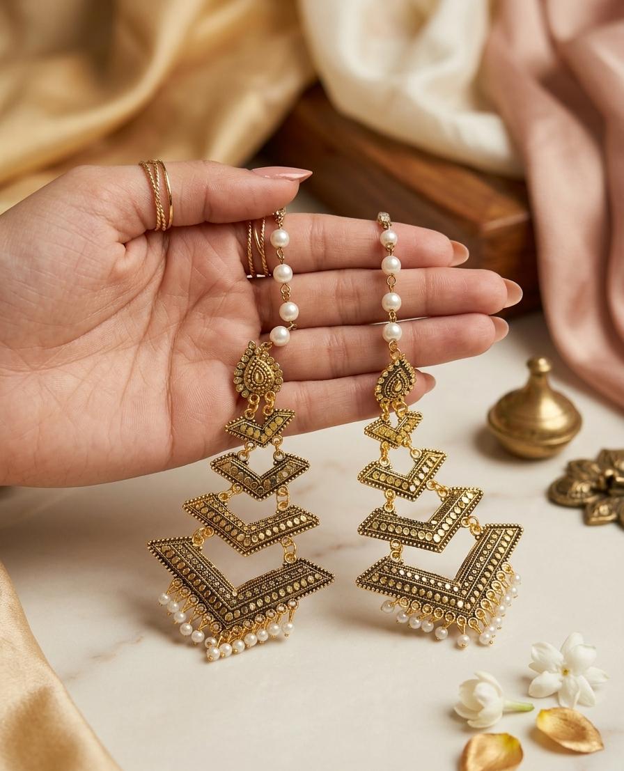 Premium Antique Saharay with Indian Antique Pearl Earrings