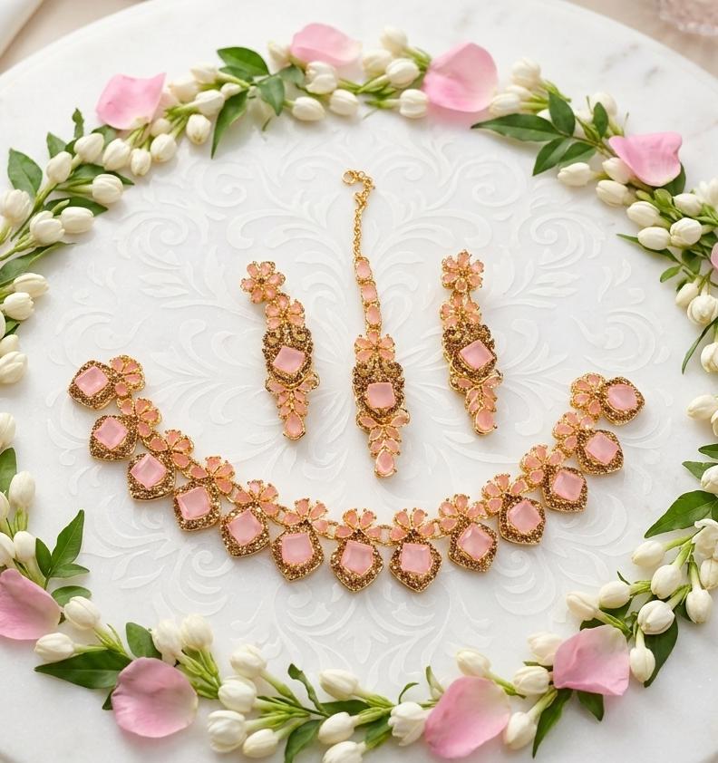 Premium Zircon Necklace Set with Matching Earrings & Maang Tikka