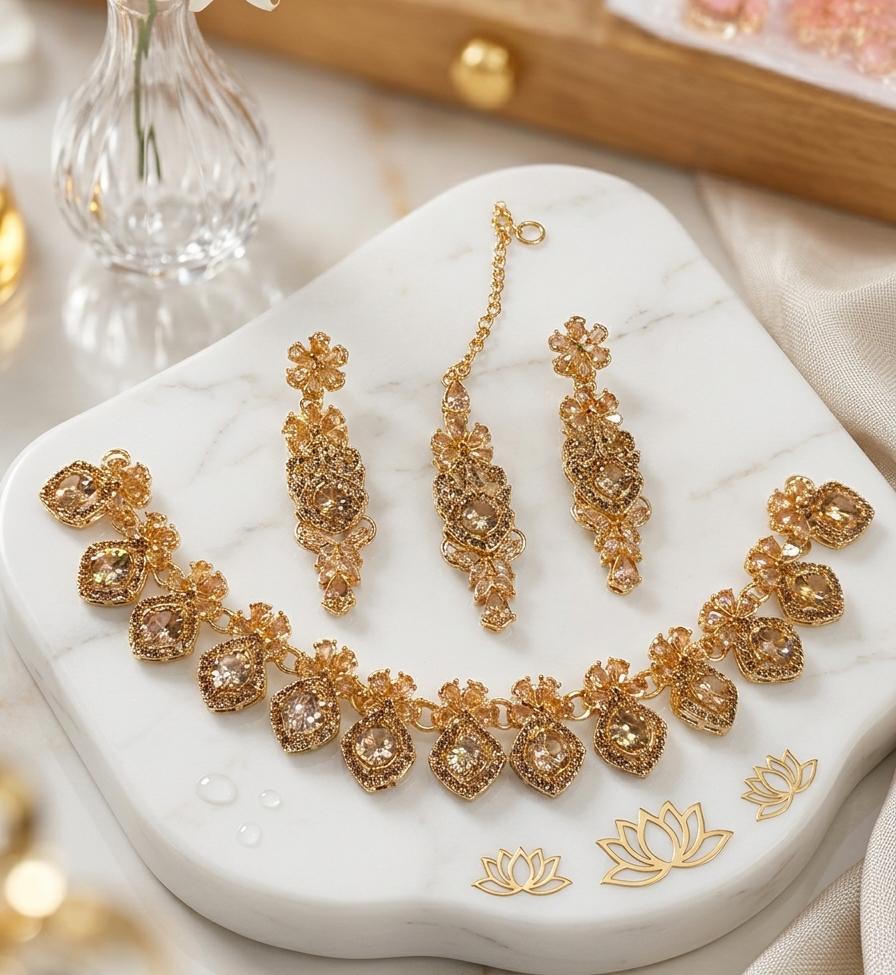 Premium Zircon Necklace Set with Matching Earrings & Maang Tikka