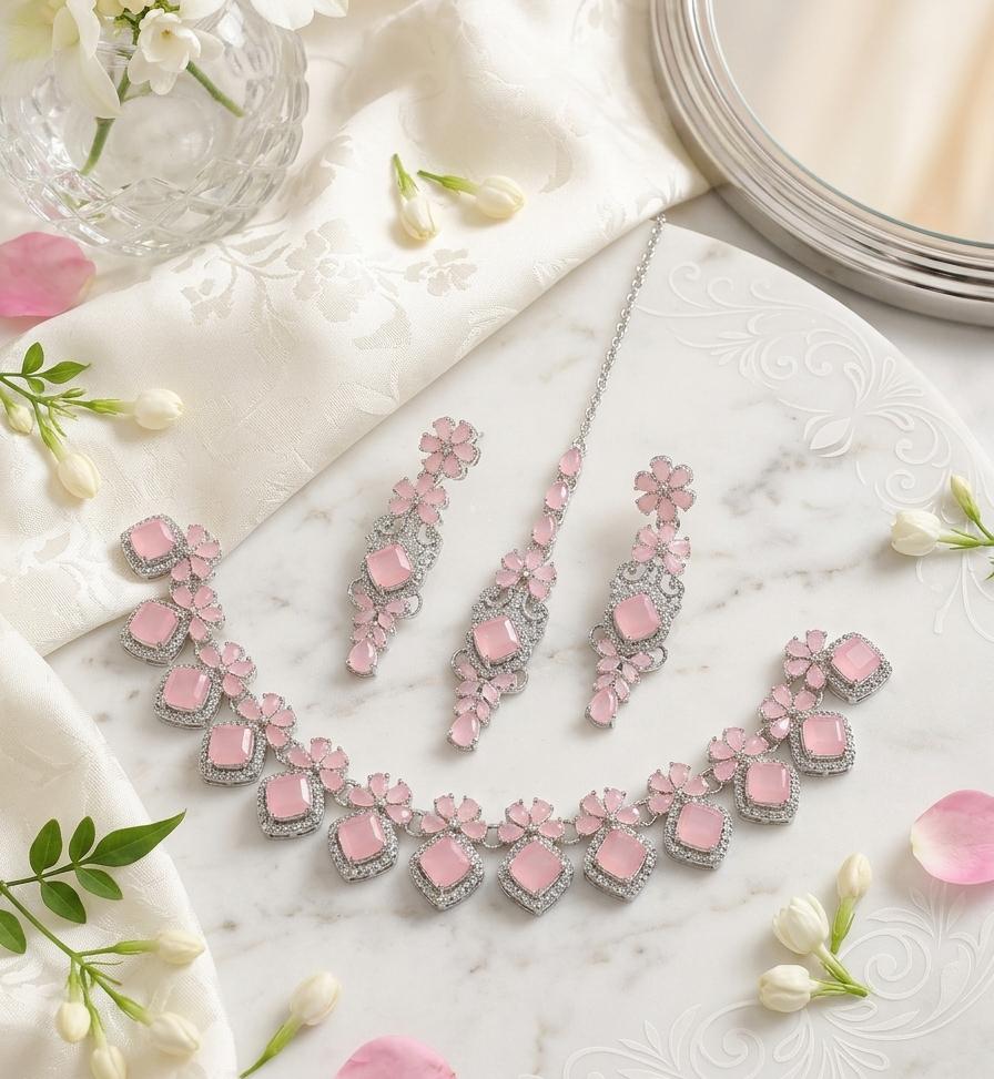 Premium Zircon Necklace Set with Matching Earrings & Maang Tikka