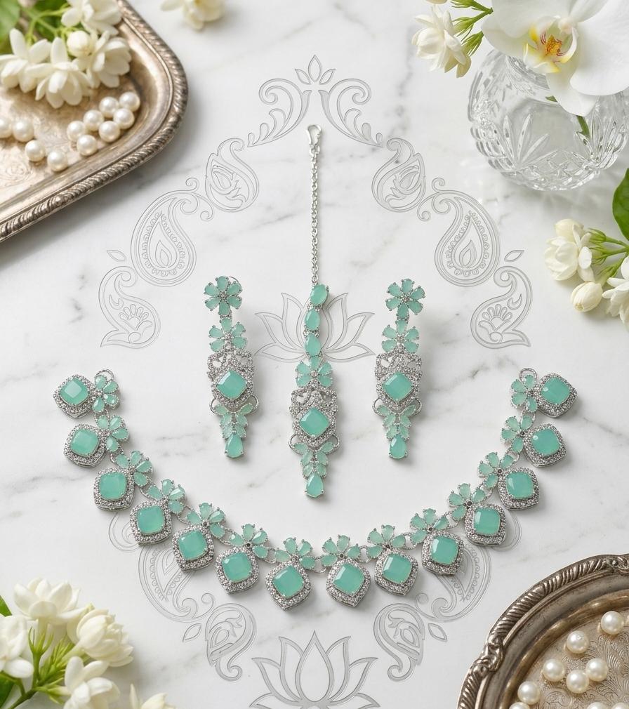 Premium Zircon Necklace Set with Matching Earrings & Maang Tikka