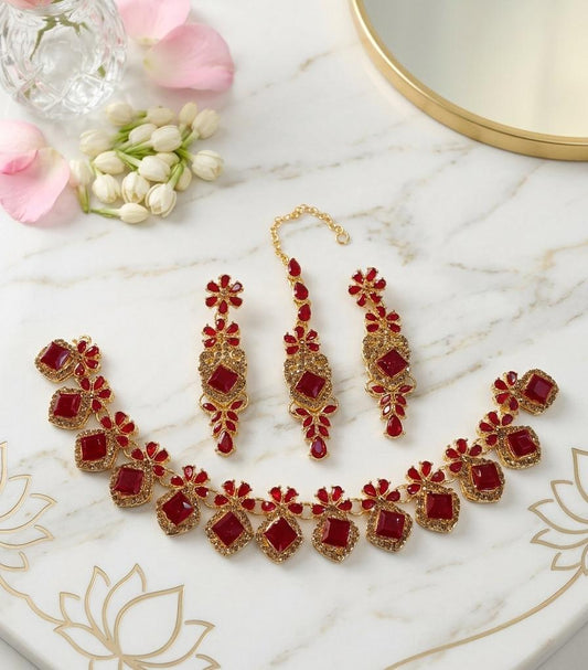 Premium Zircon Necklace Set with Matching Earrings & Maang Tikka