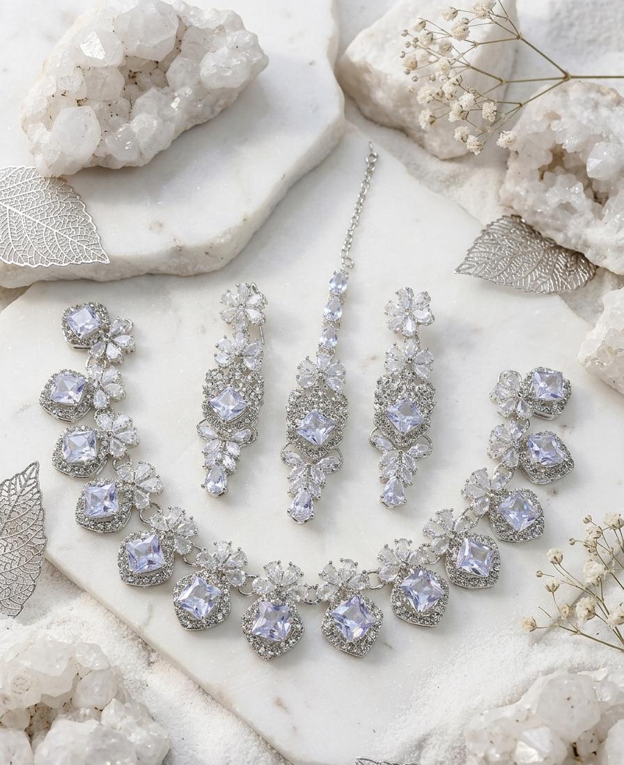 Premium Zircon Necklace Set with Matching Earrings & Maang Tikka
