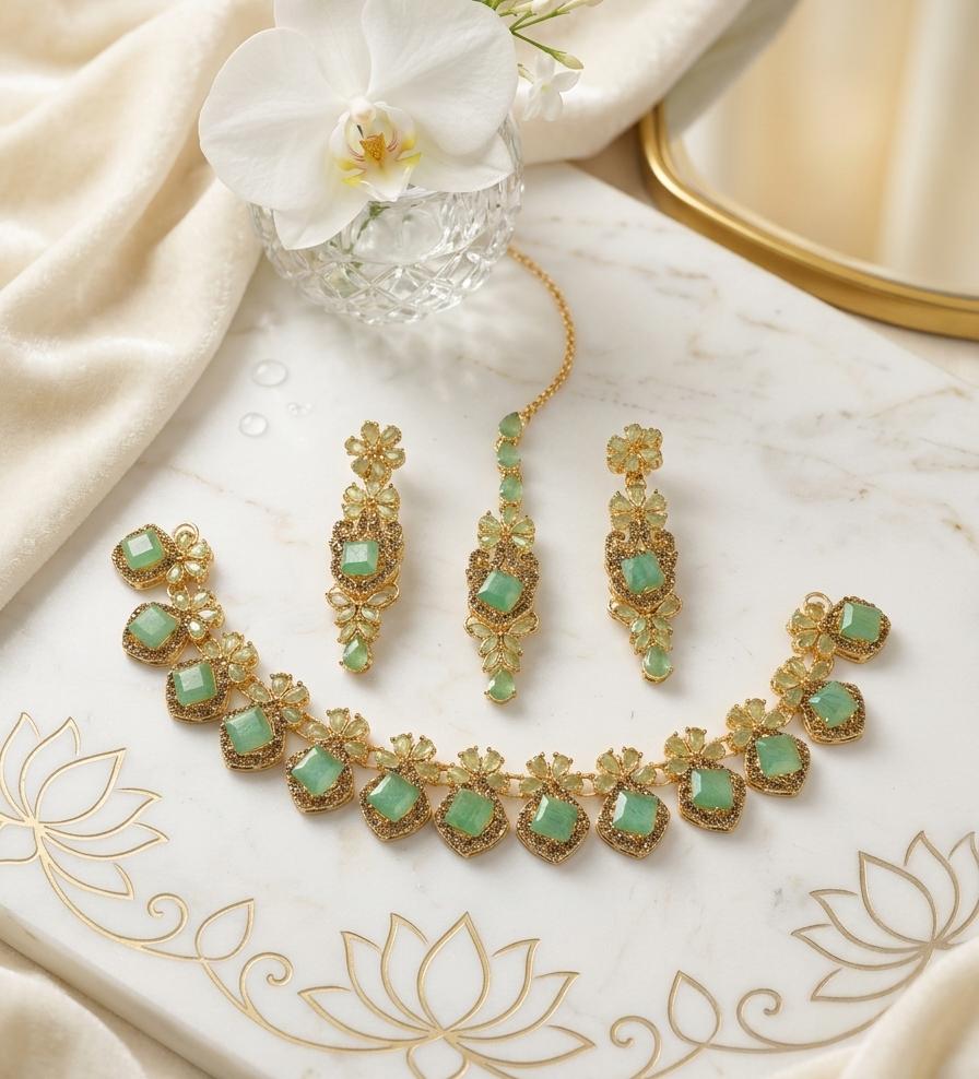 Premium Zircon Necklace Set with Matching Earrings & Maang Tikka