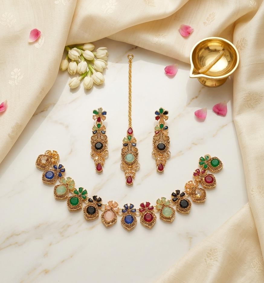 Premium Zircon Necklace Set with Matching Earrings & Maang Tikka