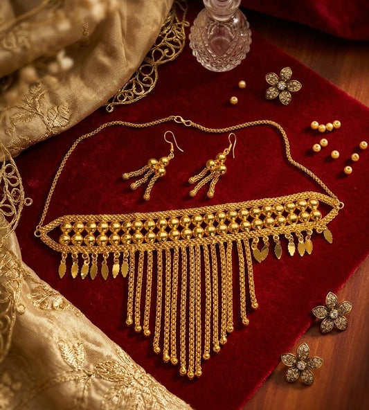 Premium Gold-Tone Fringe Choker Set with Matching Earrings