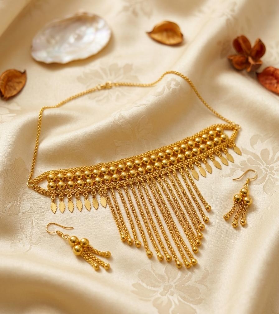 Premium Gold-Tone Fringe Choker Set with Matching Earrings
