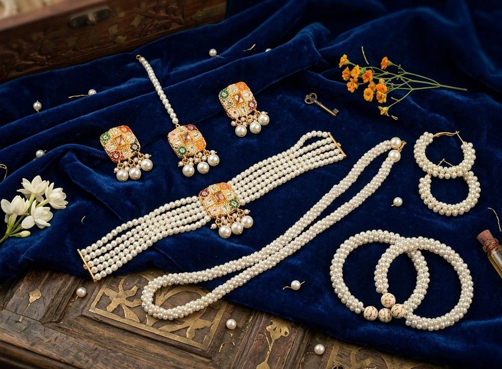 Premium Ratan Choker Set with Double Pearl Mala, Bangles, Earrings & Maang Tikka