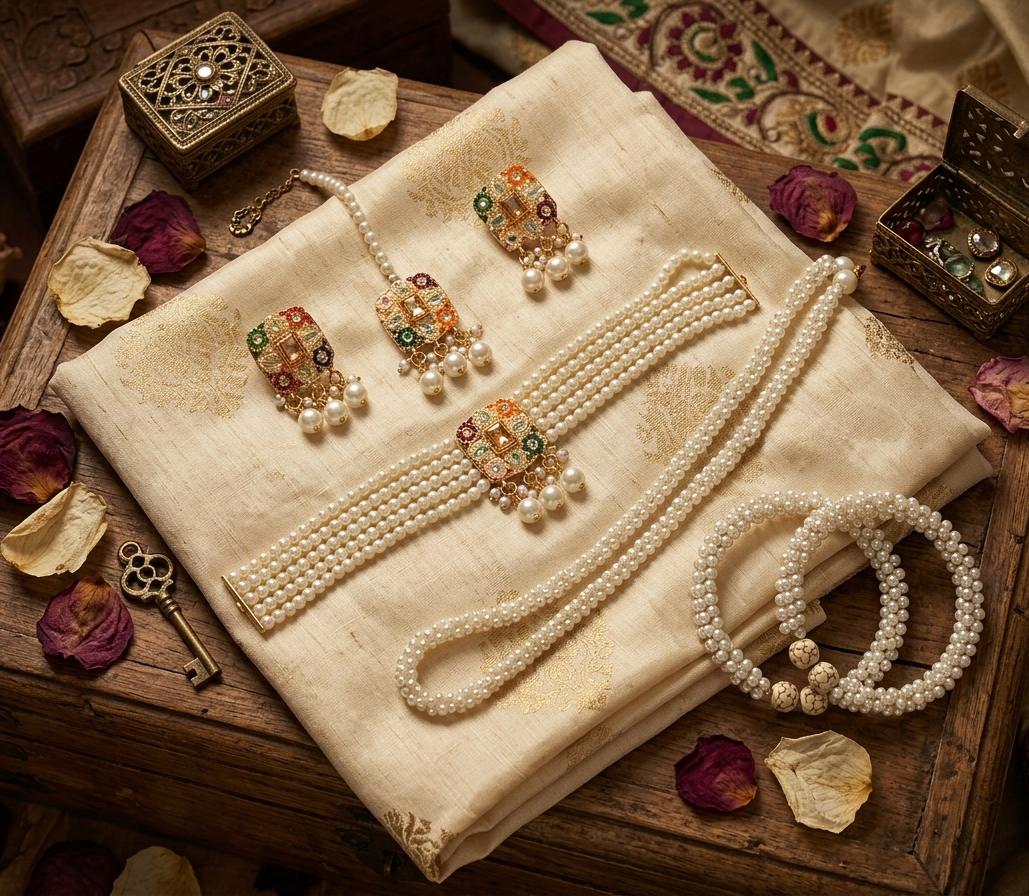 Premium Ratan Choker Set with Double Pearl Mala, Bangles, Earrings & Maang Tikka
