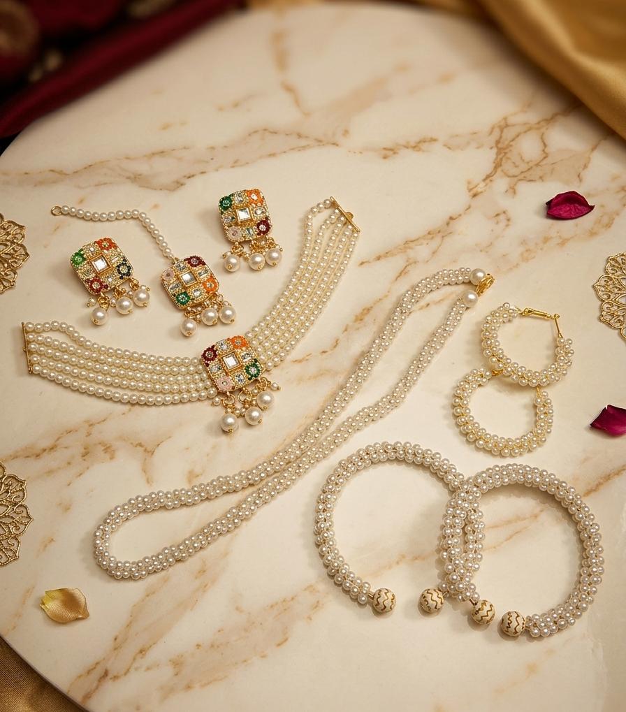 Premium Ratan Choker Set with Double Pearl Mala, Bangles, Earrings & Maang Tikka