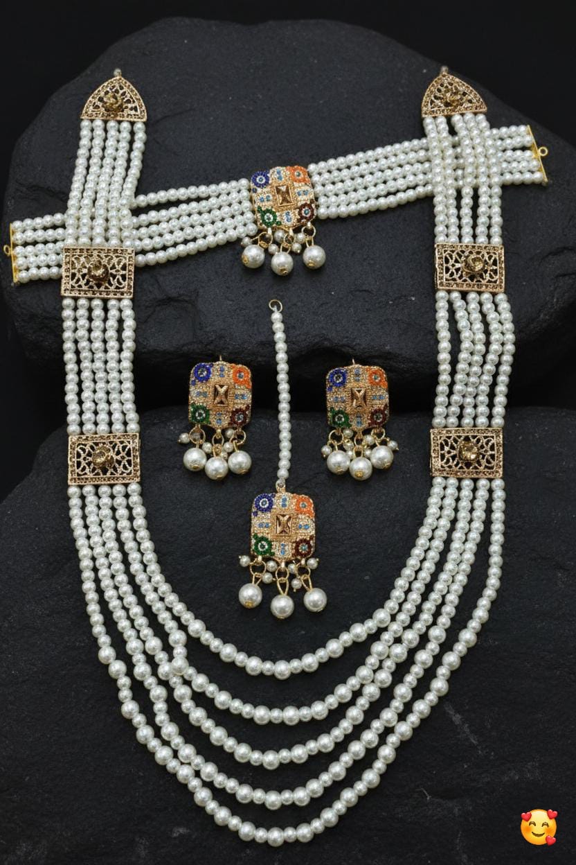 Premium Ratan Choker Set with Double Pearl Mala, Bangles, Earrings & Maang Tikka