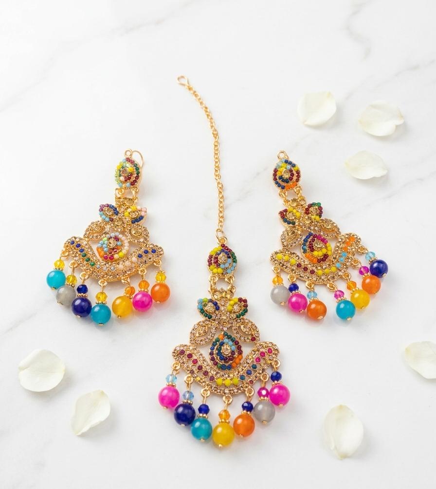Crystal Moti & Barik Stone Tikka Earrings Set