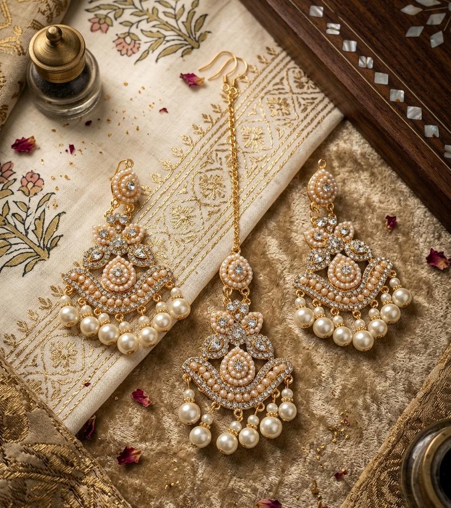 Crystal Moti & Barik Stone Tikka Earrings Set