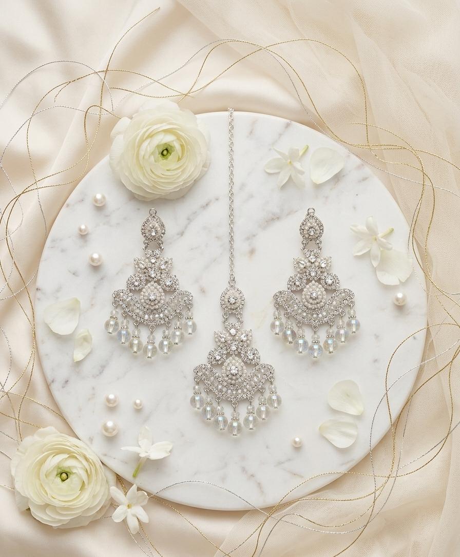 Crystal Moti & Barik Stone Tikka Earrings Set