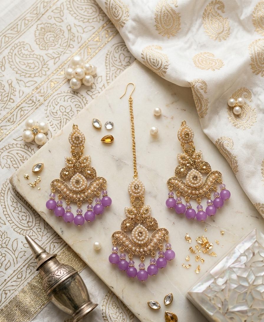 Crystal Moti & Barik Stone Tikka Earrings Set