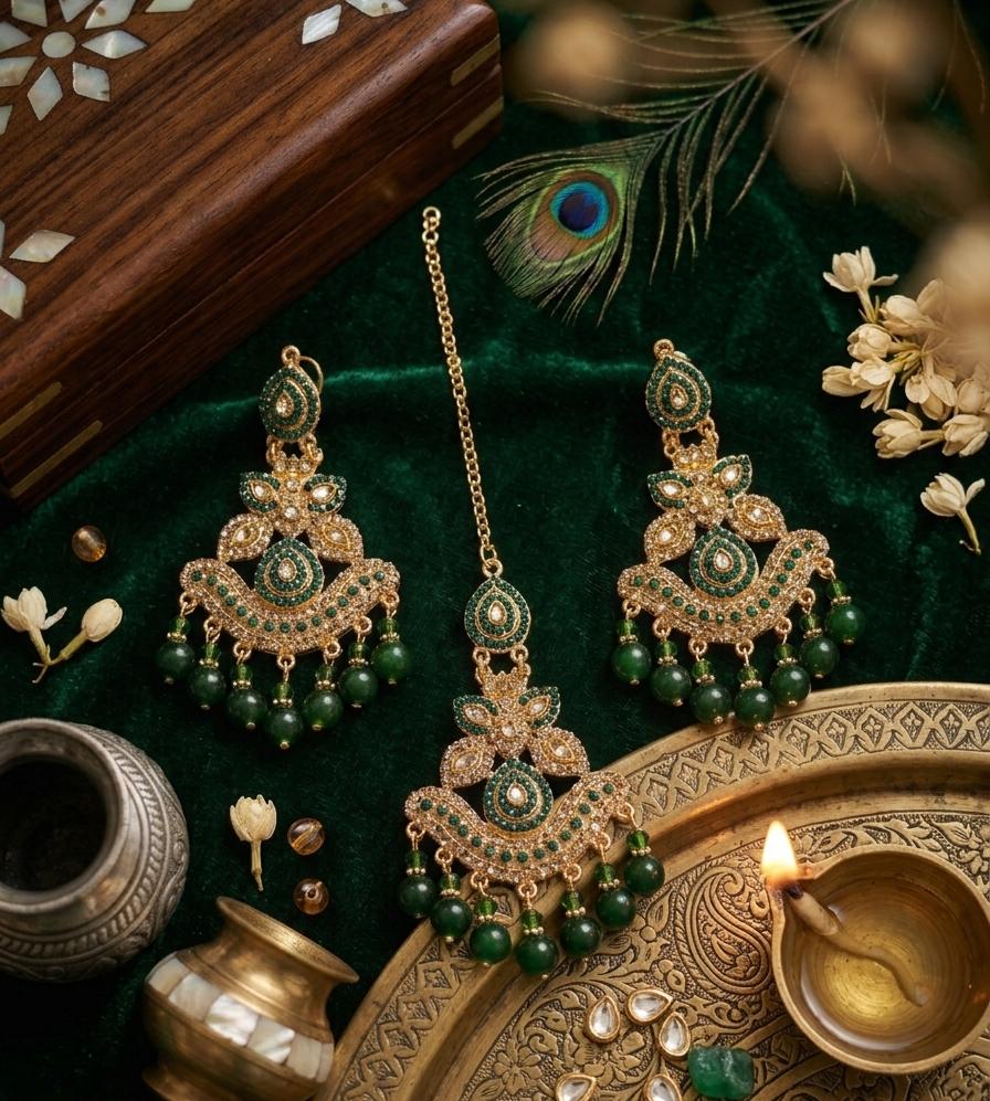 Crystal Moti & Barik Stone Tikka Earrings Set
