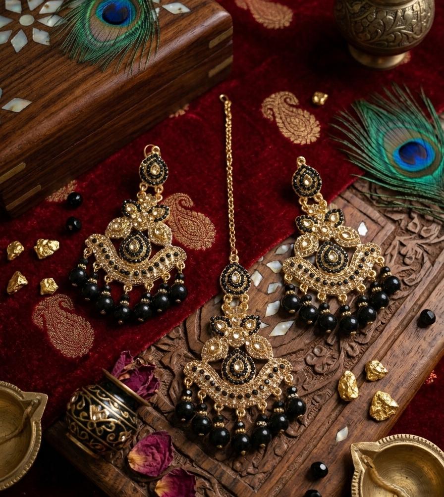 Crystal Moti & Barik Stone Tikka Earrings Set