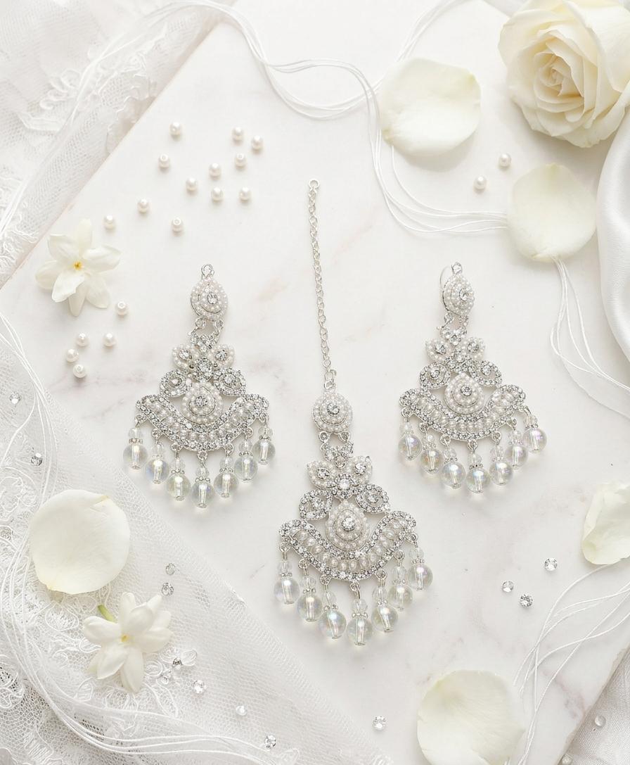 Crystal Moti & Barik Stone Tikka Earrings Set