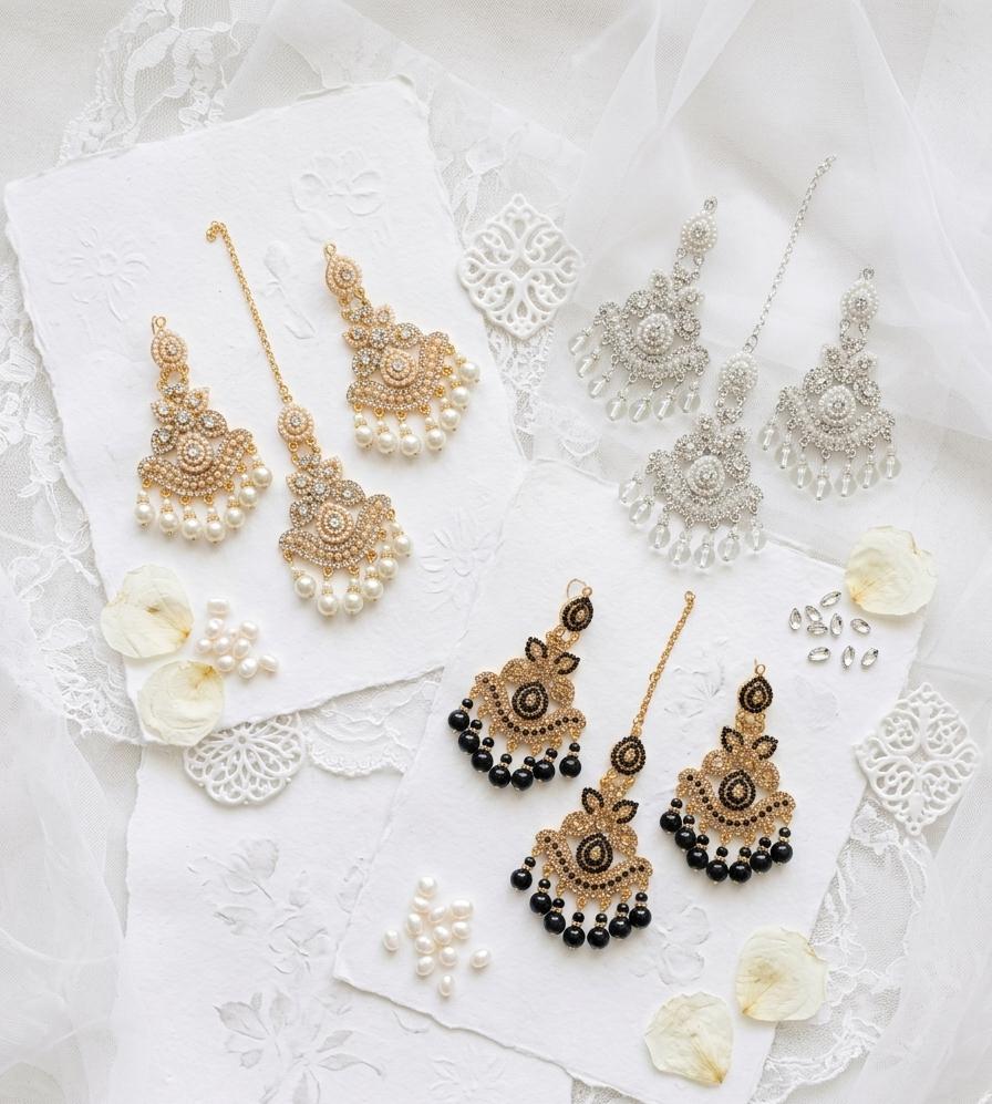 Crystal Moti & Barik Stone Tikka Earrings Set