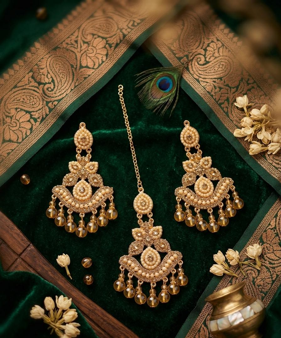 Crystal Moti & Barik Stone Tikka Earrings Set